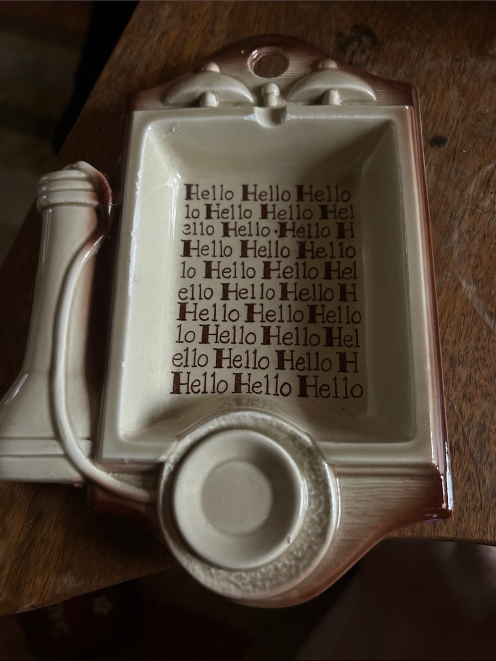 Vintage Cream and Brown Ceramic 'Hello' Trinket Dish by Vintage